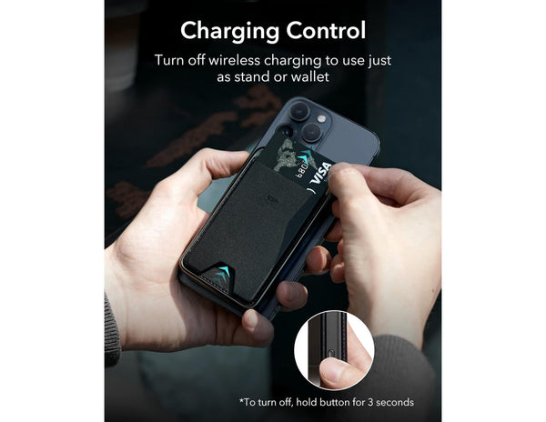 ESR HaloLock Power Bank Wallet 5000mAh with Stand – Black with wireless charging control feature, held by hands.