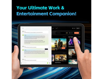 Person holding a tablet with app interface, text 'Your Ultimate Work & Entertainment Companion!'