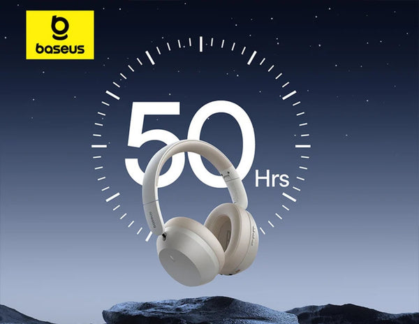 White headphones with '50 Hrs' on a dark blue background, featuring the Baseus logo.