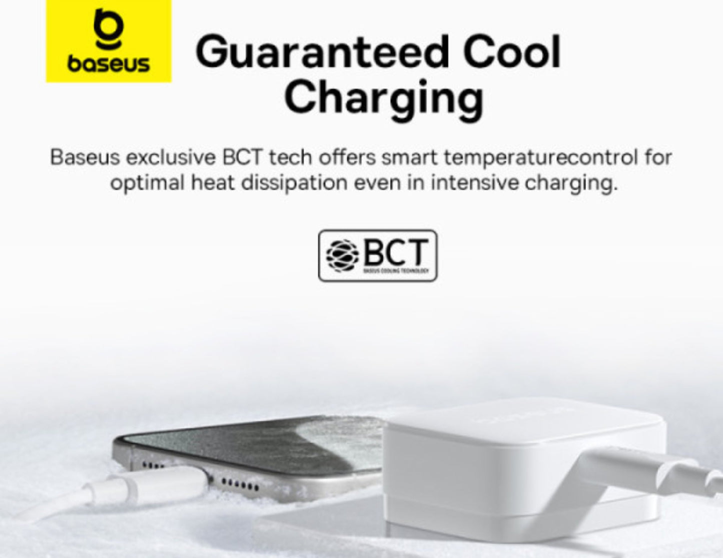 Baseus charging device with text about BCT technology on a white background