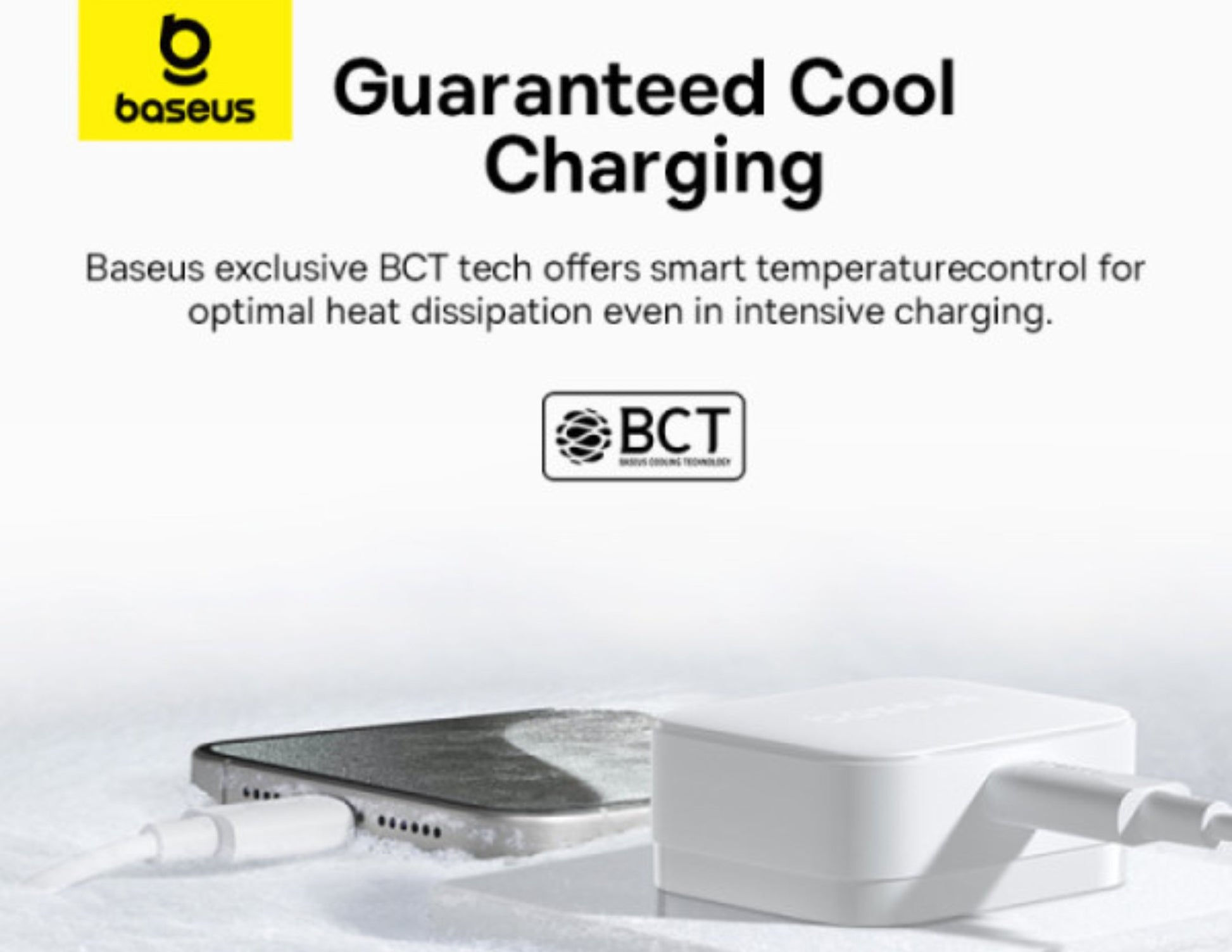 Baseus charging device with text about BCT technology on a white background