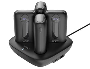 A black WST Capsule Series power bank docking station with four power banks placed on it, connected to a Type-C cable.