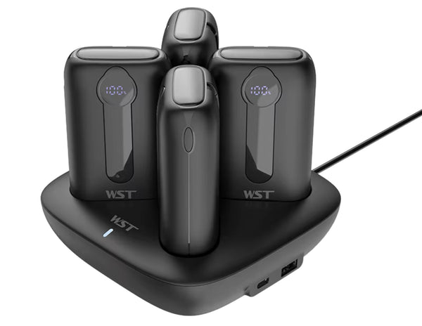 A black WST Capsule Series power bank docking station with four power banks placed on it, connected to a Type-C cable.
