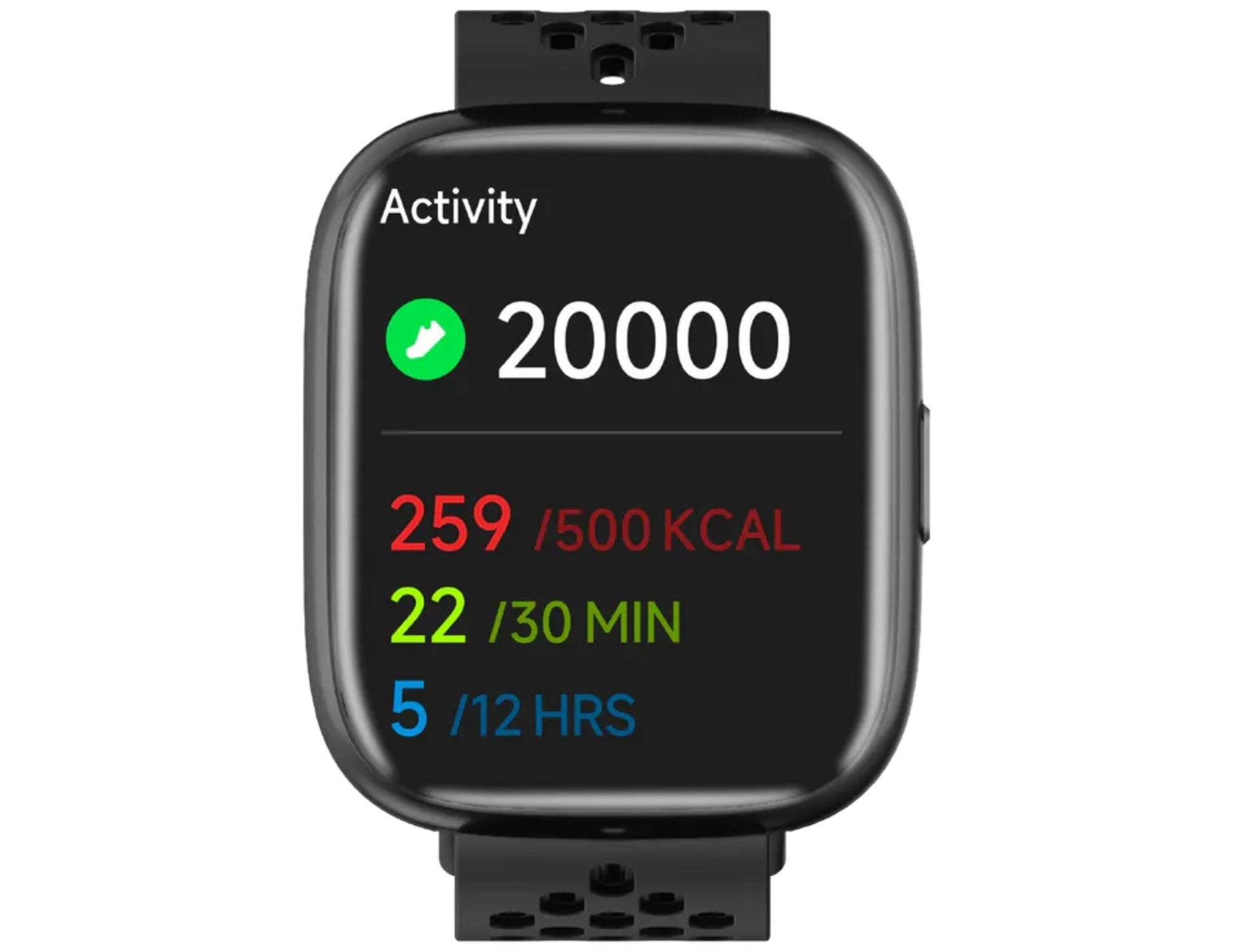 Smartwatch displaying activity metrics on a white background