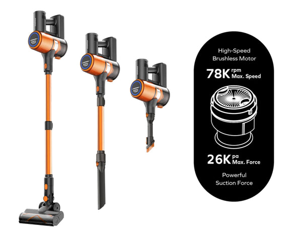 Cordless vacuum cleaner with brushless motor details on a white background