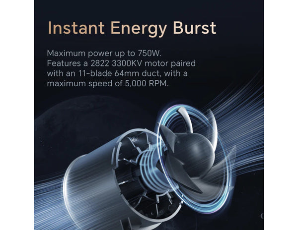 Motor with duct and text about instant energy burst and specifications on a dark background