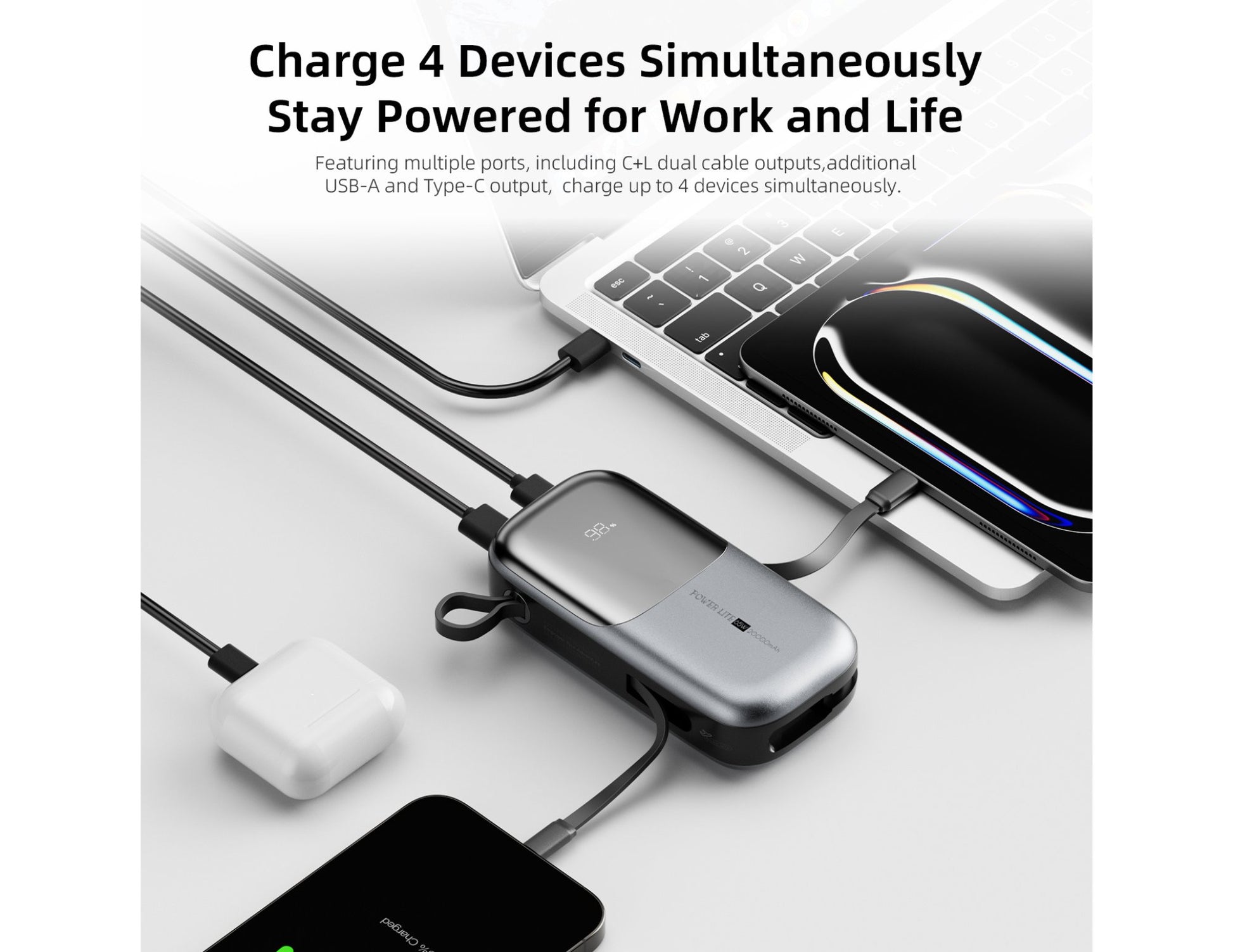 Multiple devices connected to a Vyvylabs Power Lite Digital Display Power Bank 20000mAh 65W with C+L Fast Charging Cable – VBQ08-TN with text highlighting simultaneous device charging capabilities.