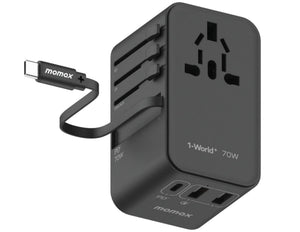 Black Momax 1‑World+ 70W GaN 3‑Port Travel Adapter with Retractable USB‑C Cable – UA18 on a white background