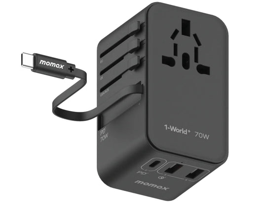 Black Momax 1‑World+ 70W GaN 3‑Port Travel Adapter with Retractable USB‑C Cable – UA18 on a white background