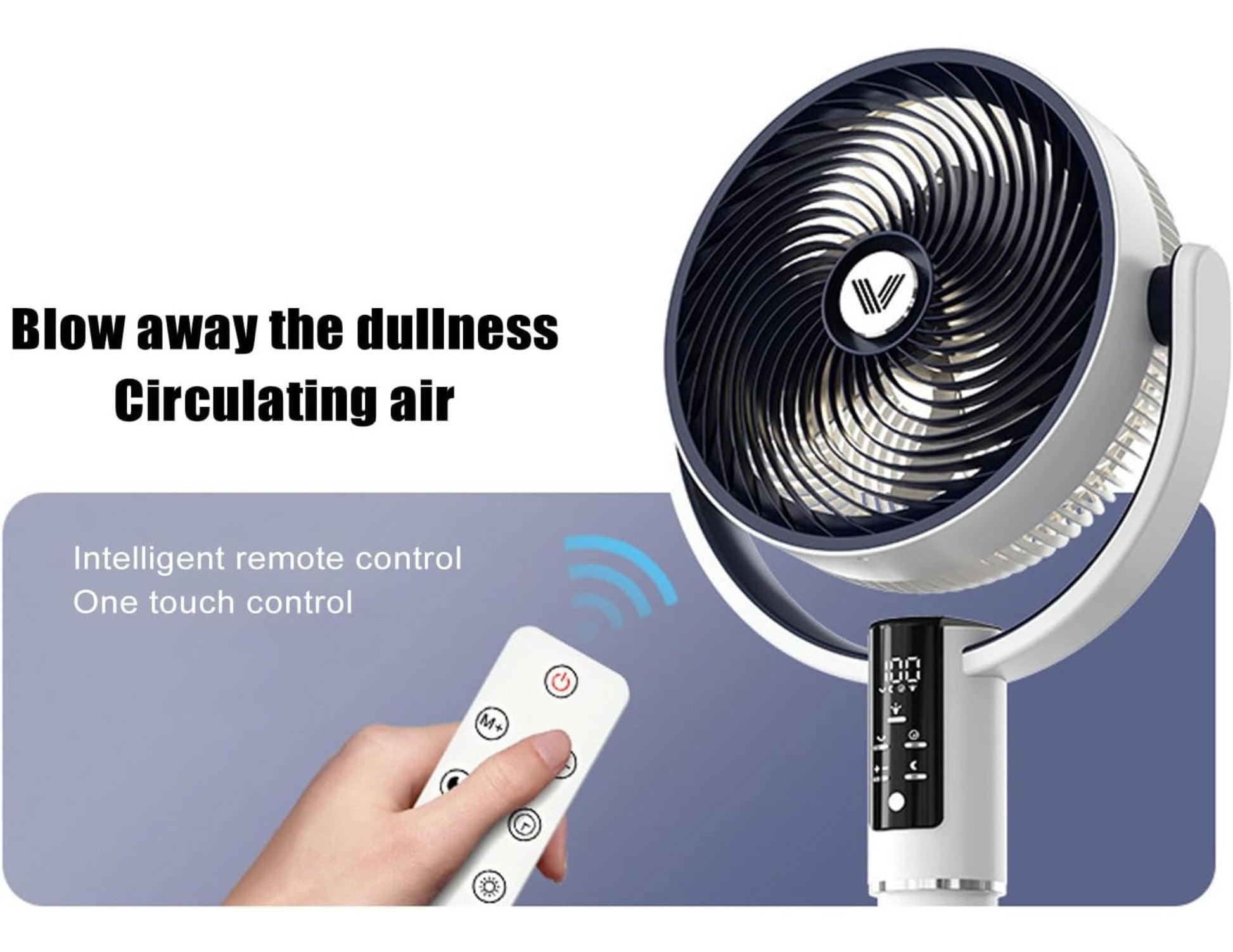 Portable fan with remote control on a white background