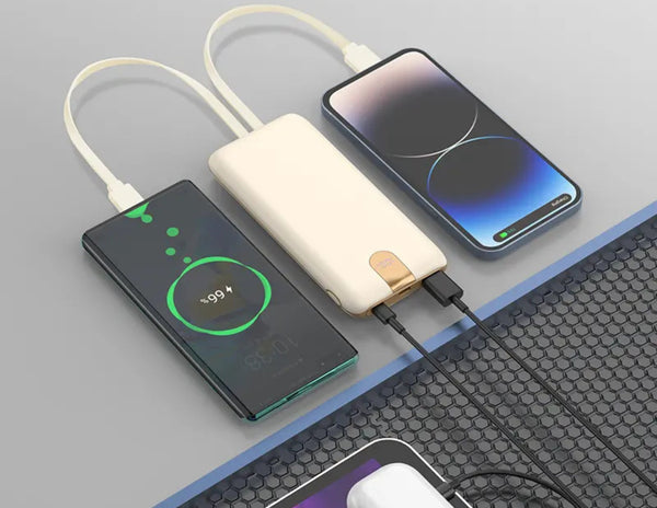 Portable charger with two devices on a textured surface