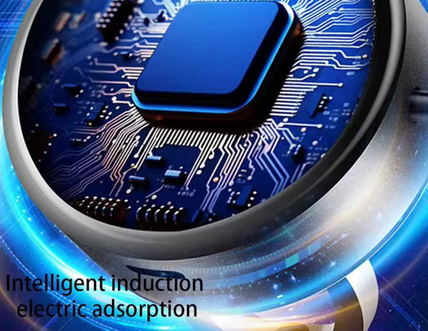 Close-up of a blue electronic component on a circuit board with text 'Intelligent induction electric adsorption'.