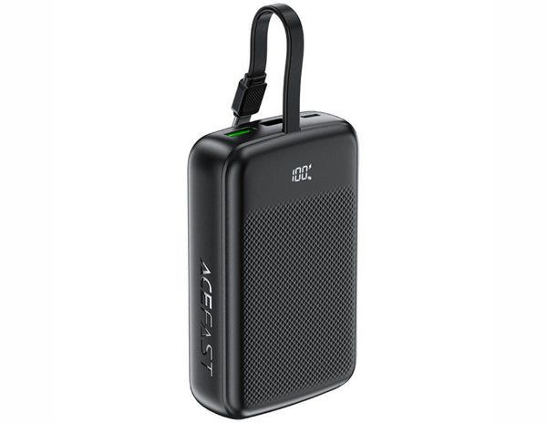 Black power bank with digital display on a white background