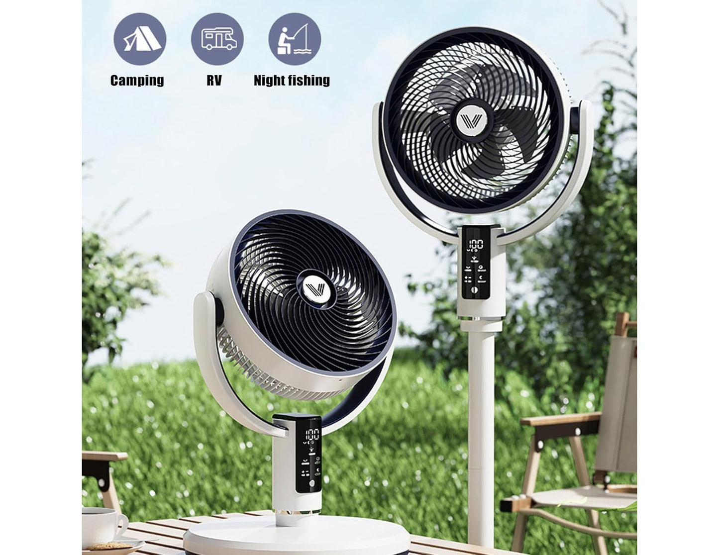 Outdoor fan with features for camping, RV, and night fishing on a grassy background.