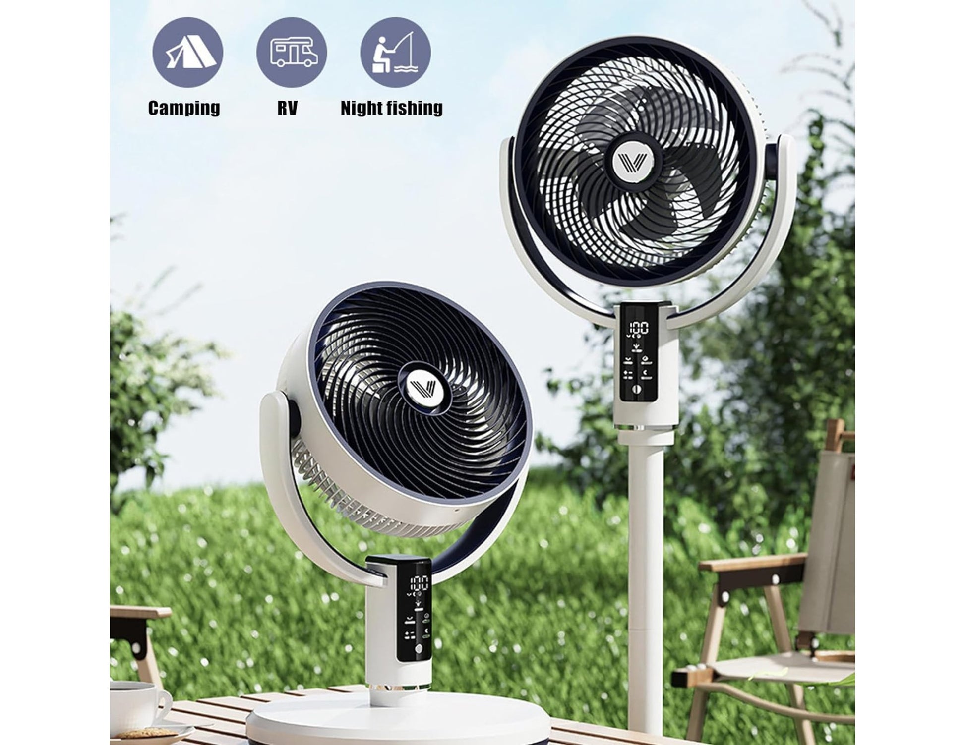 Outdoor fan with features for camping, RV, and night fishing on a grassy background.