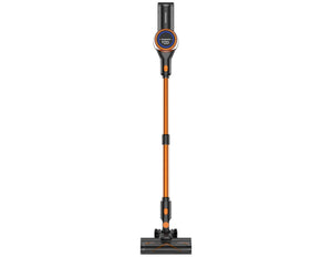 A Momax 1-Home RO7 Cordless Vacuum Cleaner in an upright position, featuring an orange and black color scheme with a visible LED display at the top.