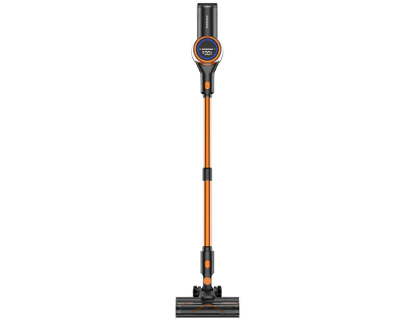 A Momax 1-Home RO7 Cordless Vacuum Cleaner in an upright position, featuring an orange and black color scheme with a visible LED display at the top.
