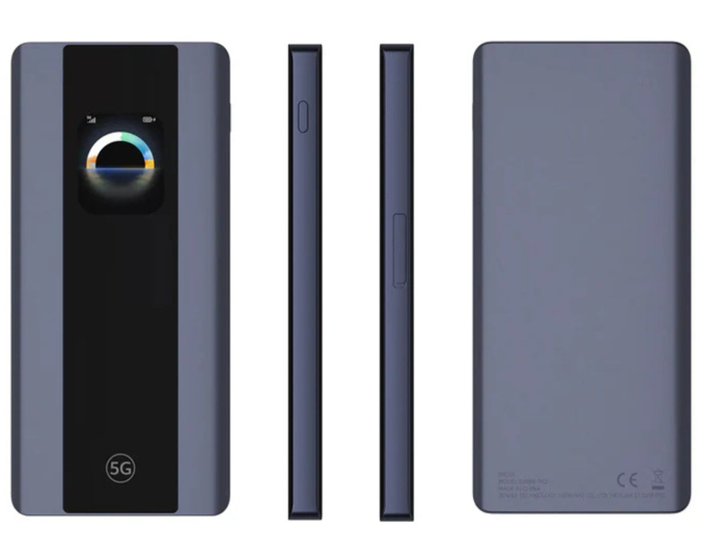 Smartphone with 5G logo shown from multiple angles on a white background