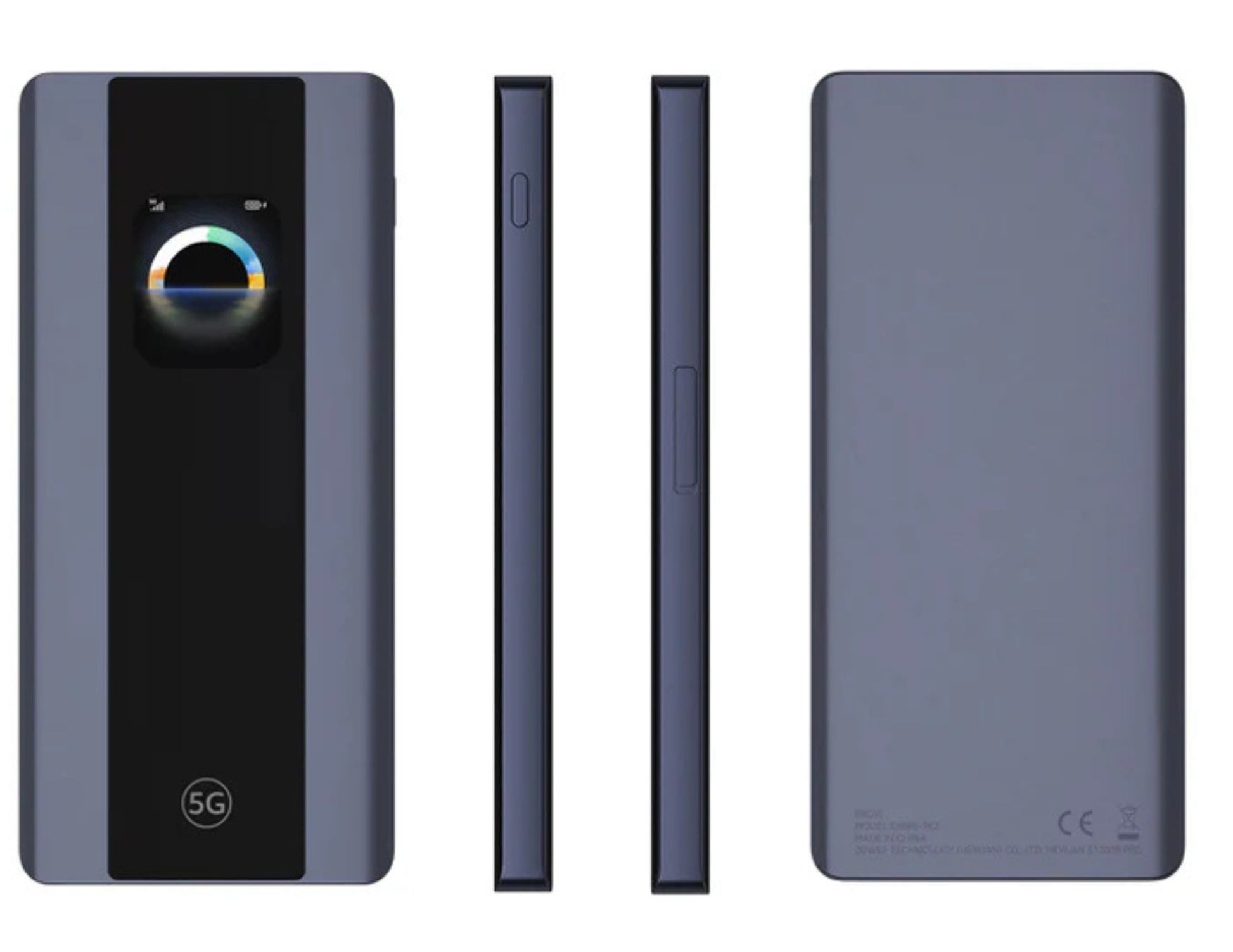 Smartphone with 5G logo shown from multiple angles on a white background
