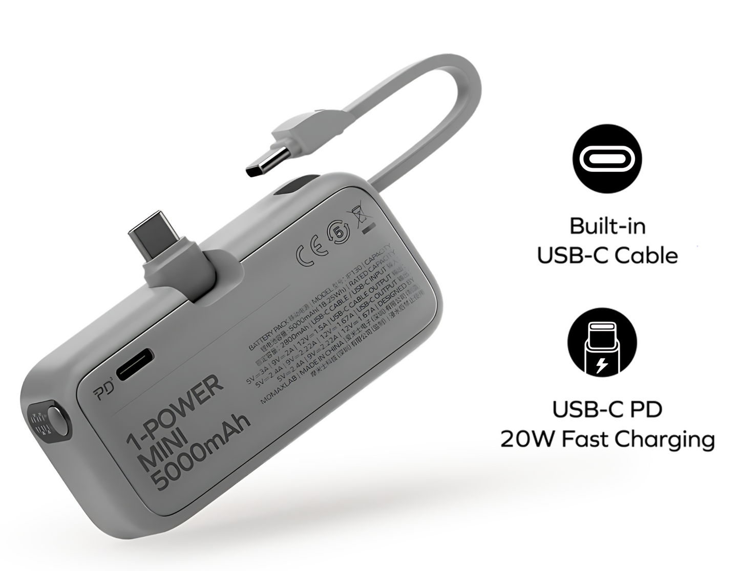 موماكس 1 باور ميني، 3 في 1 باور بانك 5000 مللي أمبير - USB-C