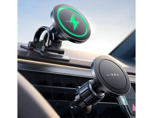 LISEN 15W MagSafe Car Magnetic Wireless Charging Stand with Dashboard & Vent Mount with green light indicator on a car dashboard