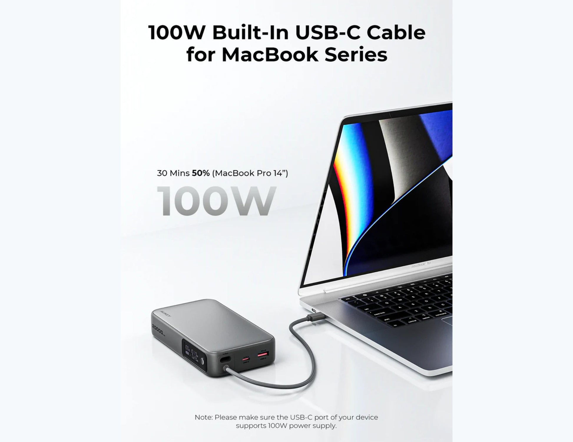 100W Built-In USB-C Cable for MacBook Series with laptop and Aukey PB-Y43P Sprint X 130W PD 20000mAh Power Bank – Gray on a white background