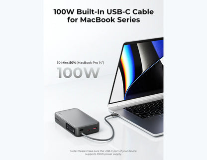100W Built-In USB-C Cable for MacBook Series with laptop and Aukey PB-Y43P Sprint X 130W PD 20000mAh Power Bank – Gray on a white background