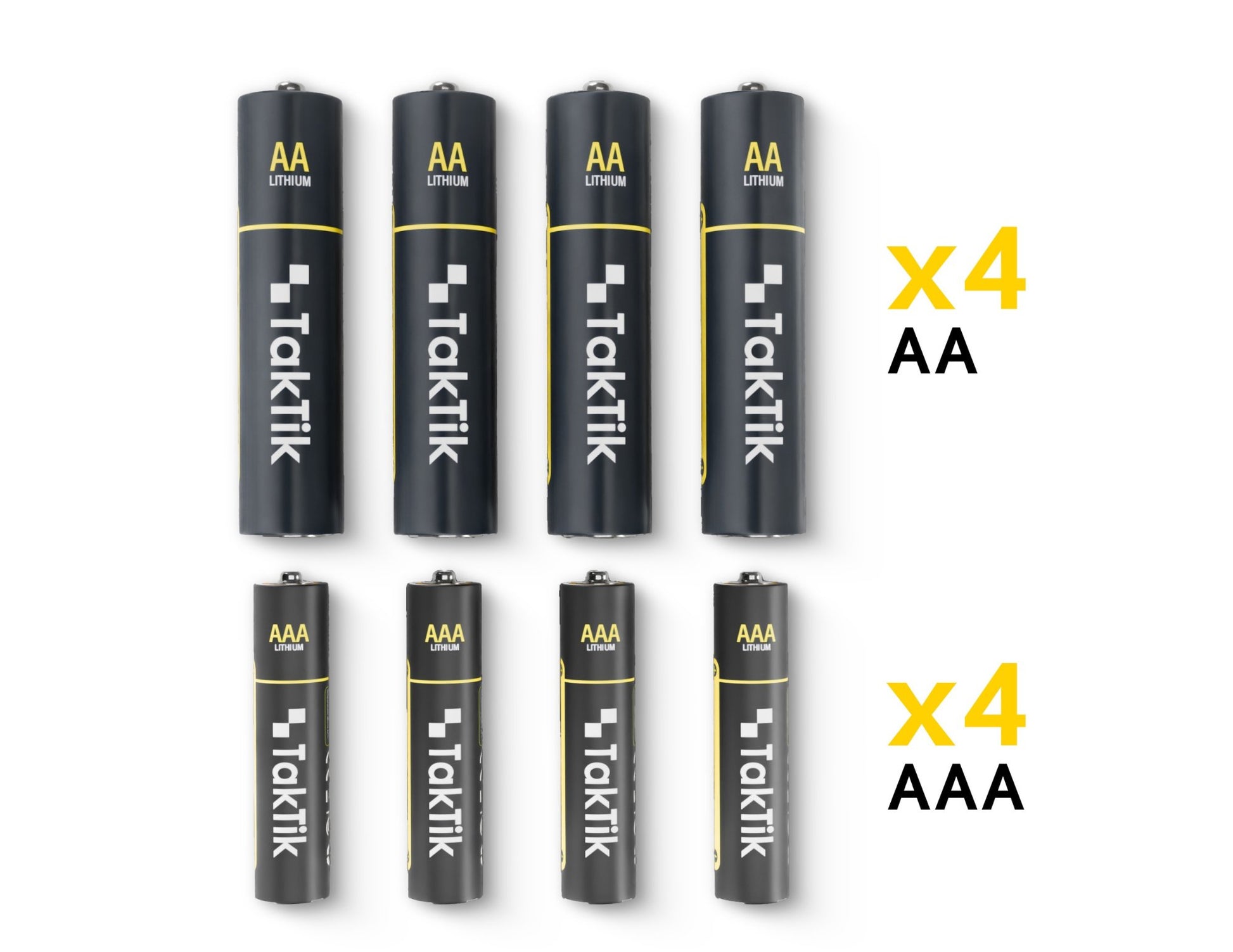 Set of Taktik batteries, including AA and AAA sizes, on a white background.