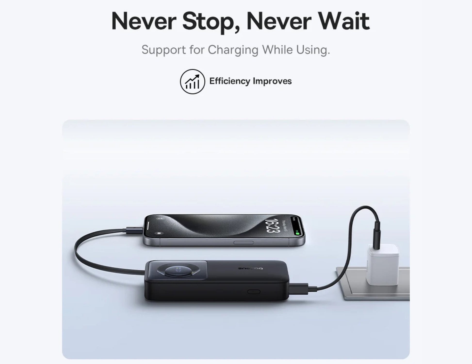 Phone charging using a power adapter with text 'Never Stop, Never Wait' on a light gray background.