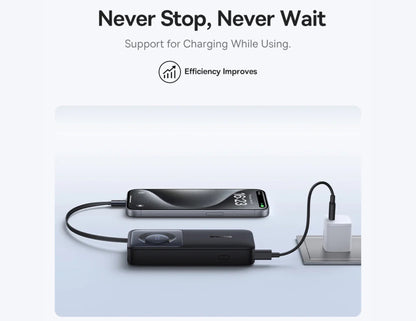 Phone charging using a power adapter with text 'Never Stop, Never Wait' on a light gray background.