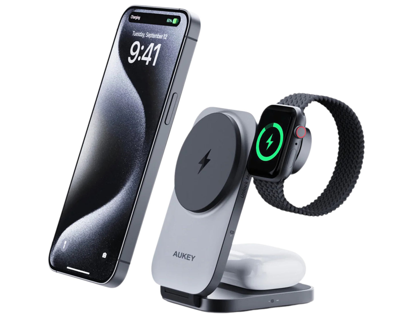 Wireless charging stand with smartphone, smartwatch, and band on a white background