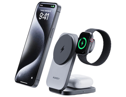 Wireless charging stand with smartphone, smartwatch, and band on a white background