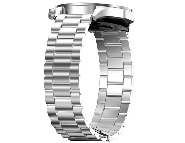 Silver metal watch band on a white background