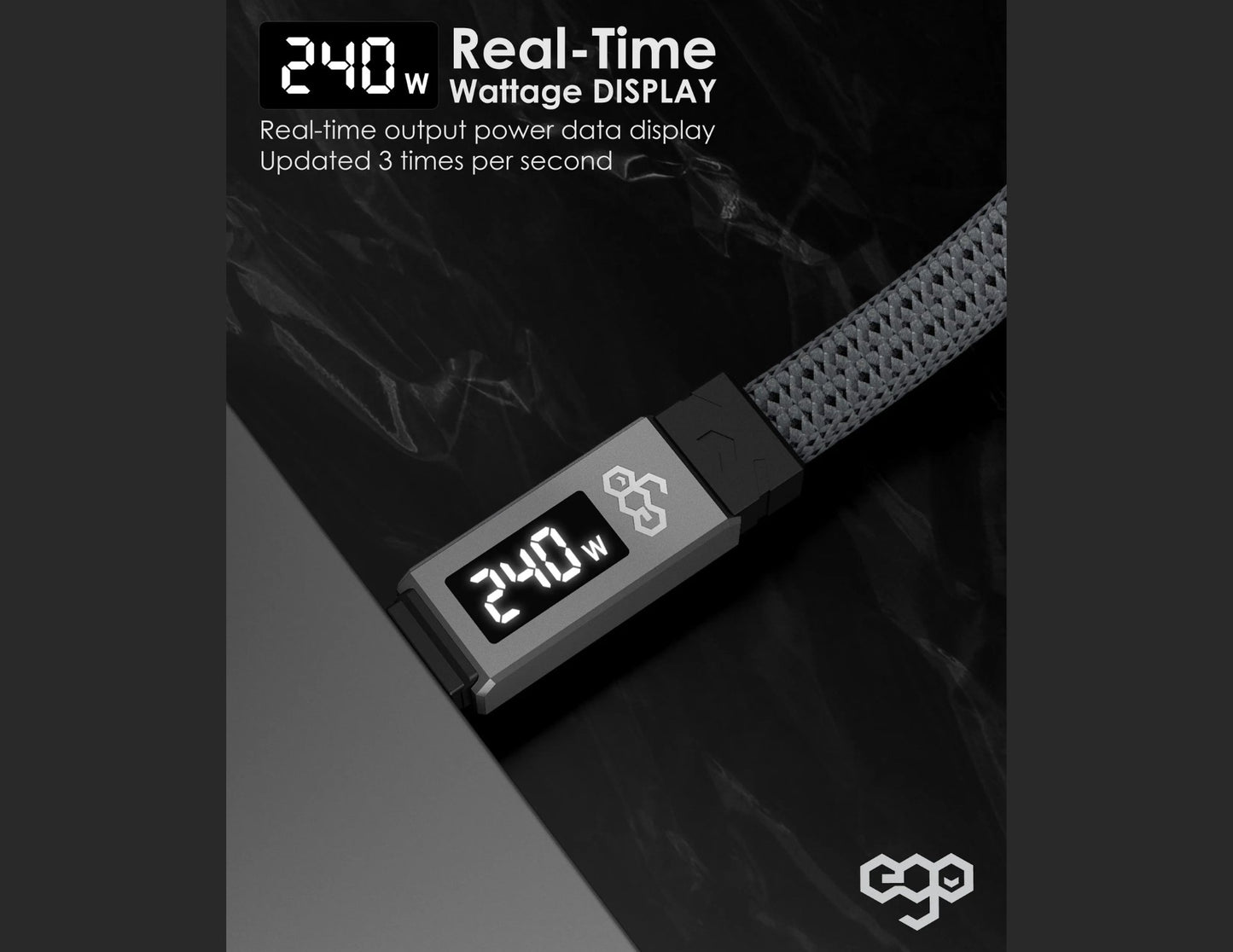 كابل شحن إيجو تشارج كي 240 واط USB4 Type-C إلى C Gen3X2 40Gbps بطول 6 سم، رمادي