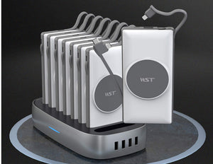 A WST PB932W8M 8-in-1 10000mAh Wireless Power Bank Docking Station with multiple detachable power banks and integrated cables in black color.