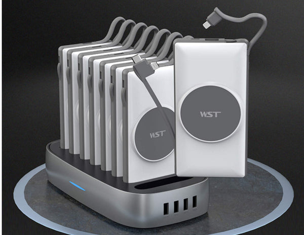 A WST PB932W8M 8-in-1 10000mAh Wireless Power Bank Docking Station with multiple detachable power banks and integrated cables in black color.