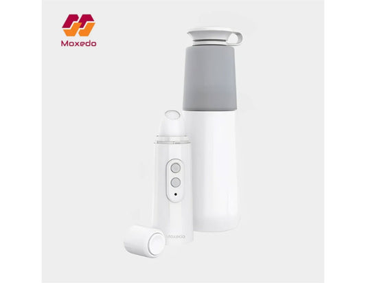 Moxedo Portable Travel Bidet MX-PTB001 – Rechargeable Electric Sprayer with gray top on a white background, featuring the Maxedo logo.
