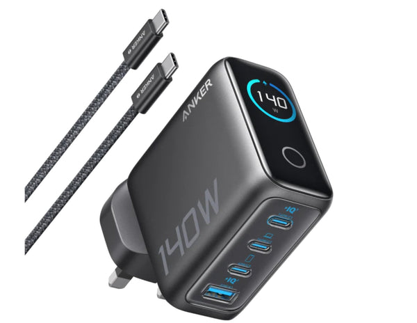 Anker 140W 4-Port GaN Laptop Charger with a USB-C cable and a smart display showing the charging status, in a black color.