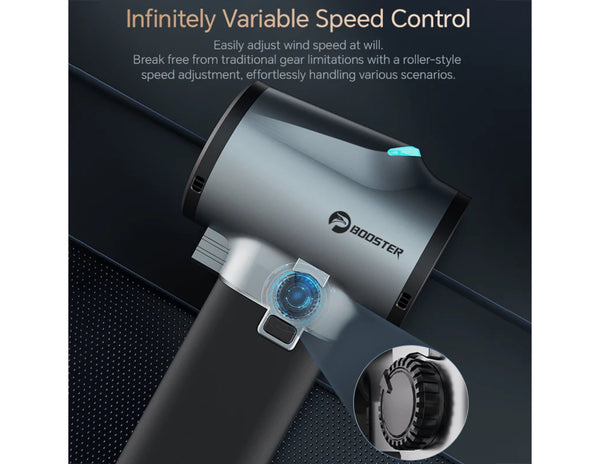 Booster brand hair dryer with infinitely variable speed control on a dark background