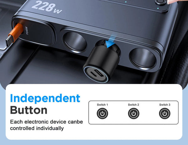 Car power adapter with multiple outlets and control buttons on a black background