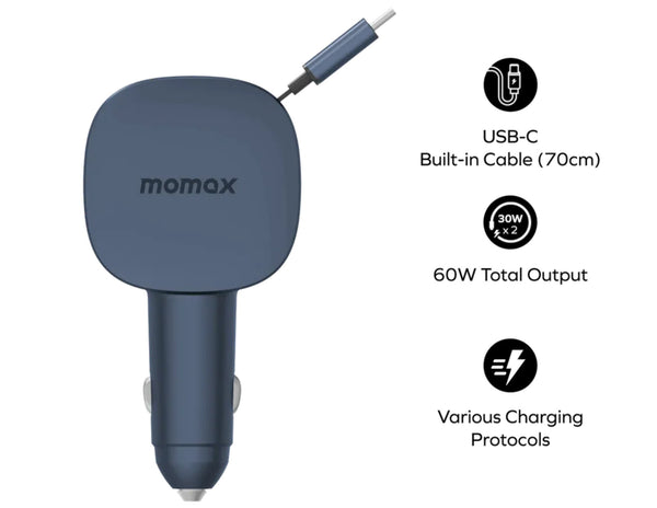 Momax car charger with USB-C cable on a white background