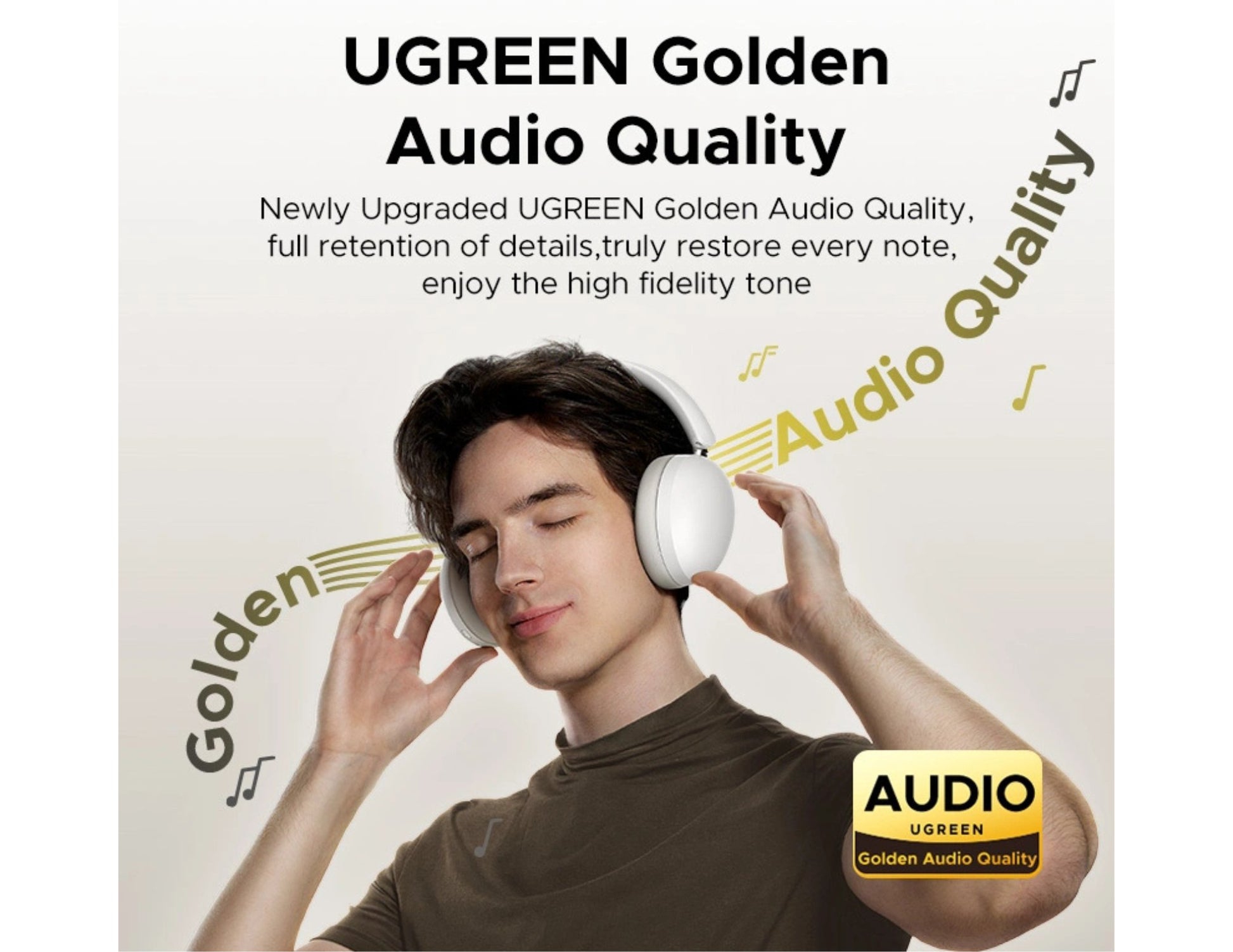 Person wearing UGREEN Studio Max2 Wireless Headphones HP205 (45018) with UGREEN branding and text about audio quality on a light background