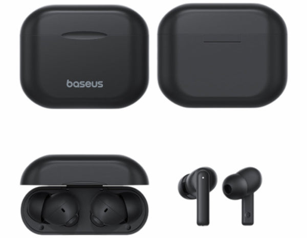 Black wireless earbuds with charging case on a white background, featuring the Baseus brand.