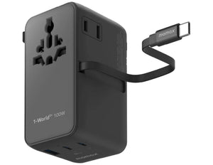Black travel adapter with multiple ports and a USB-C cable on a white background