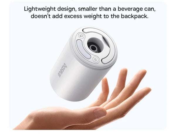 Small white device held in a hand with text about its lightweight design.