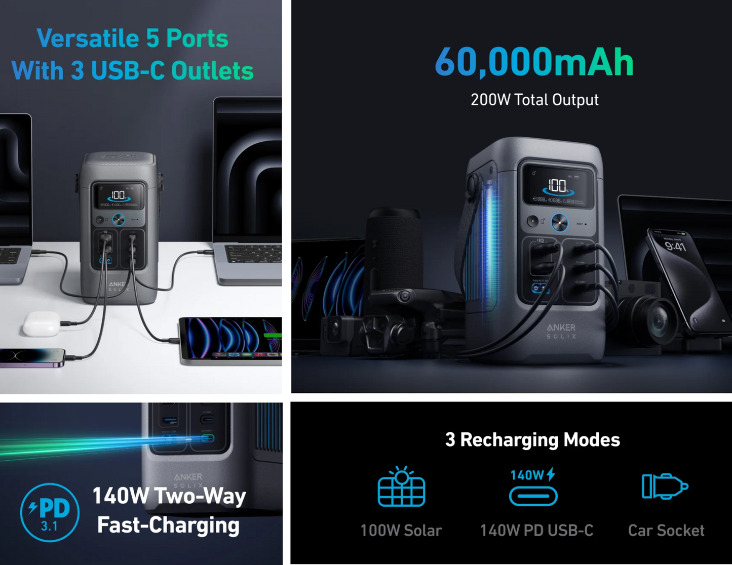 Anker SOLIX C200 DC Portable Power Station 60,000mAh (192Wh) 200W A17270Z1