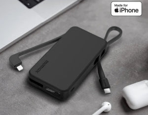 Black power bank with USB-C cable on a gray surface, featuring 'Made for iPhone' label.
