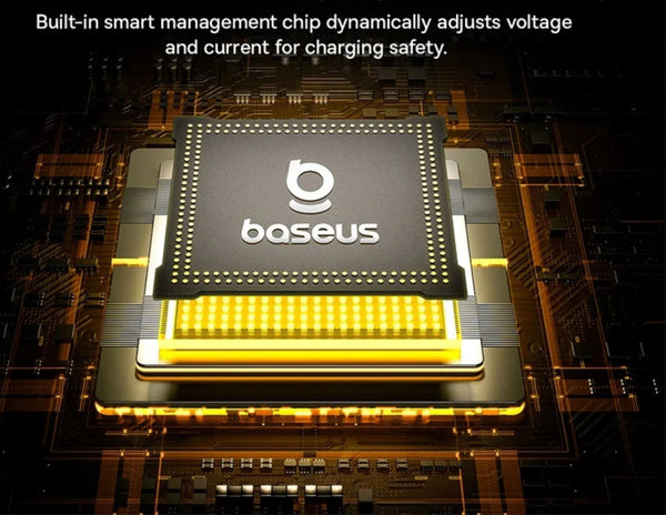 Baseus smart management chip on a circuit board with text about voltage and current adjustment.