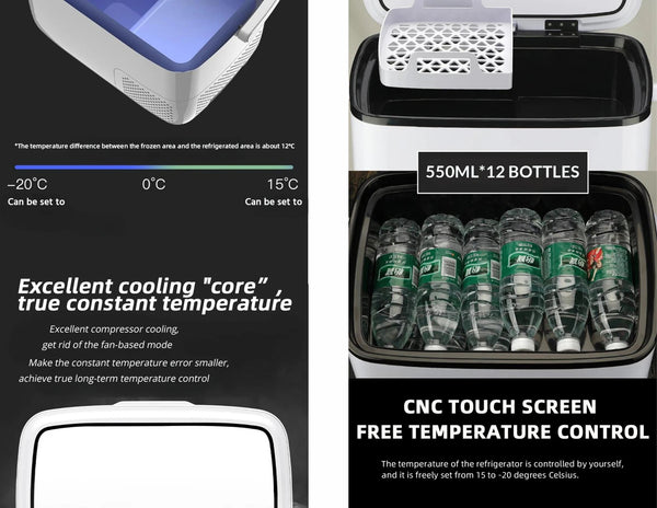 Portable refrigerator with water bottles inside, featuring temperature control and touch screen display.