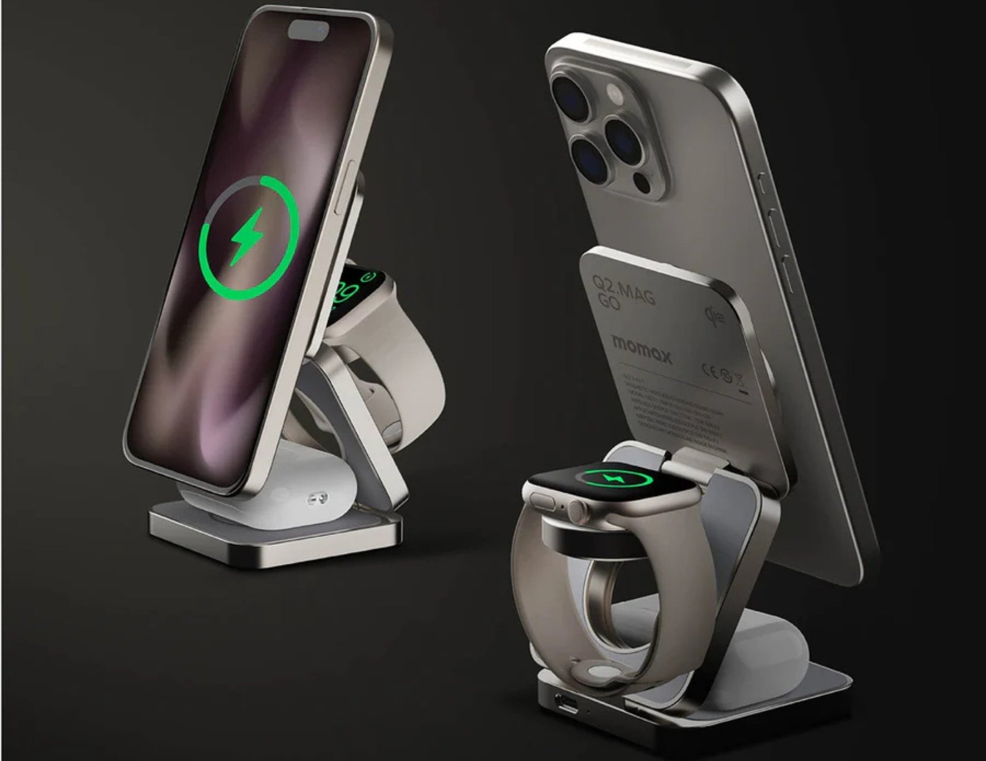 Multi-device charging stand with smartphone, smartwatch, and ring on a dark background
